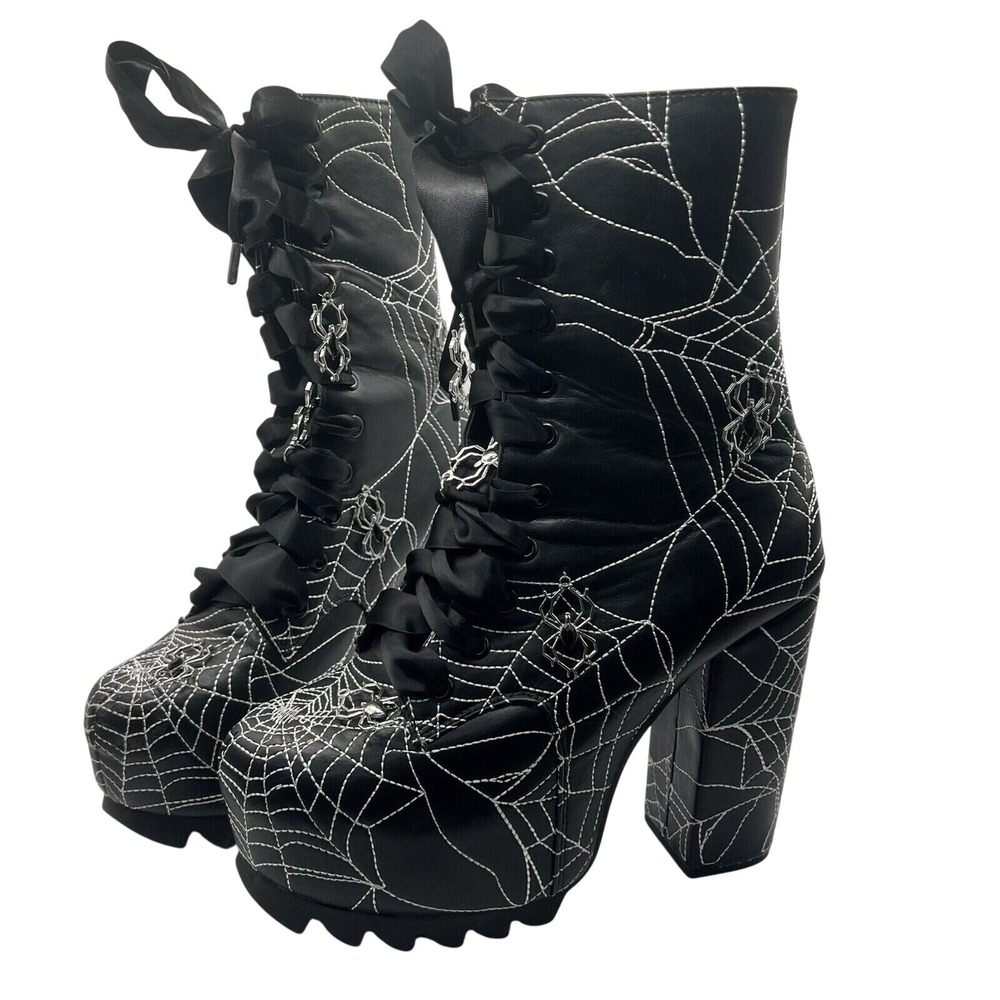 Dolls Kill Black Spiderweb Platform Lace-Up Boots